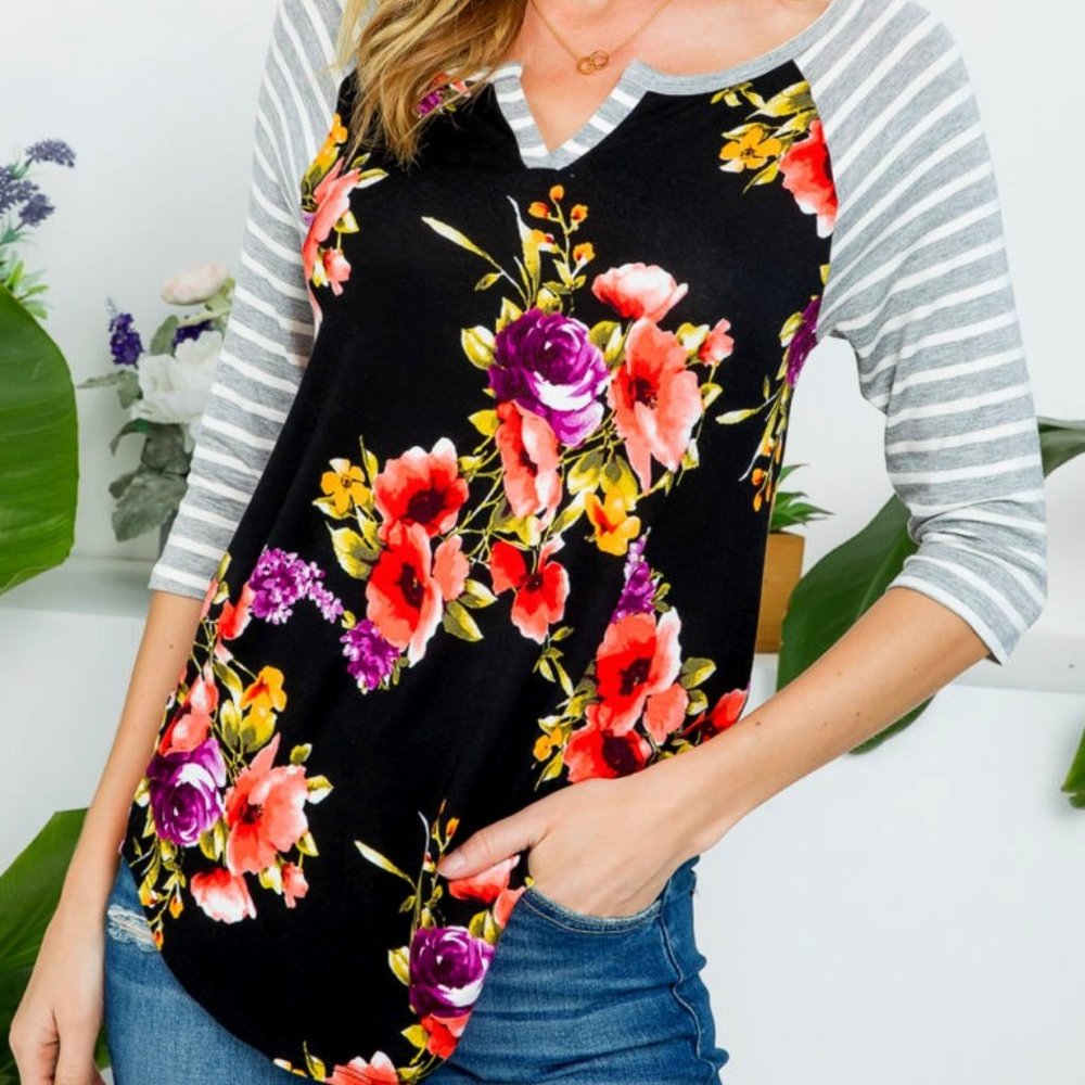 Women's Floral Henley 3/4 Sleeve Top